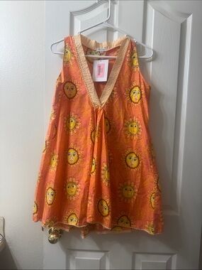 Sun-Print Sleeveless V-Neck Tunic Top - Orange